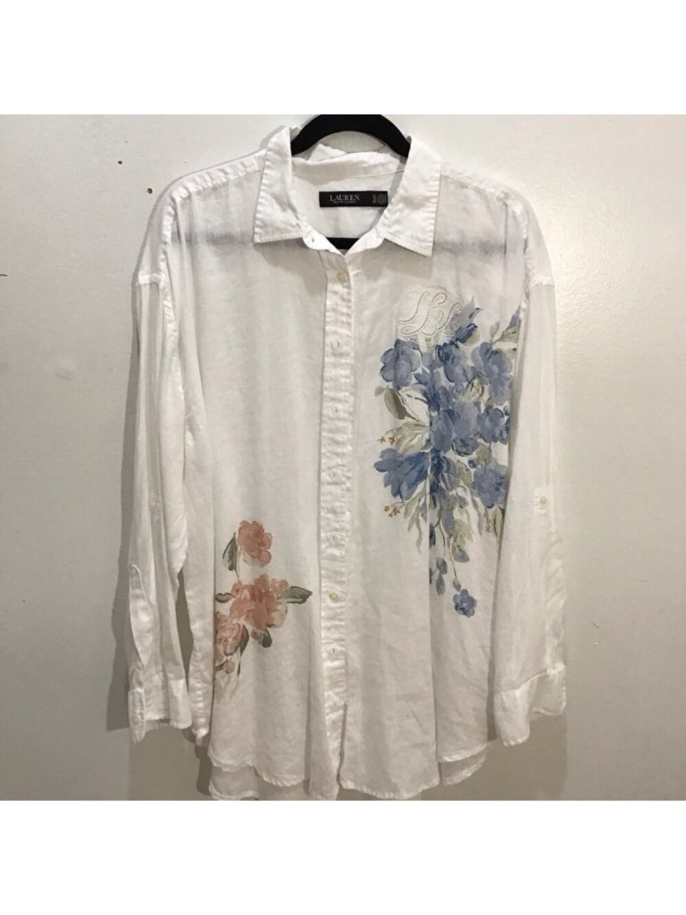 Lauren Ralph Lauren Women’s White 100% Linen Floral Button Front Shirt Size XL
